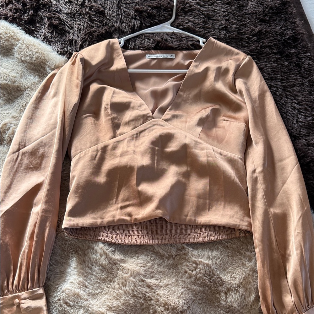 Abercrombie & Fitch Satin V-Neck Blouse in Beige